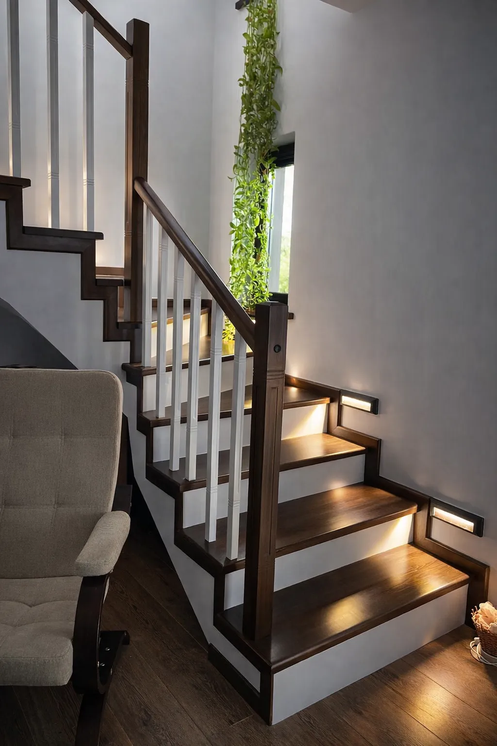 Scară interioară din lemn cu trepte iluminate, realizată de BIGAL Design